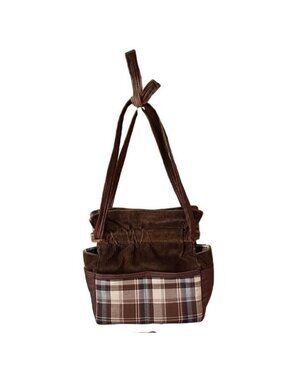 Corduroy Plaid Homemade Wooden Closure Adjustable Knotted Strap Shoulder Bag
